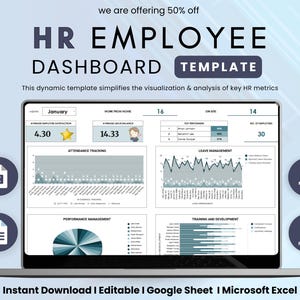 May include: A laptop screen displays an HR Employee Dashboard Template. The template includes charts and graphs for attendance, performance, and training data. Text on the screen reads "HR EMPLOYEE DASHBOARD TEMPLATE" and "Instant Download | Editable | Google Sheet | Microsoft Excel."
