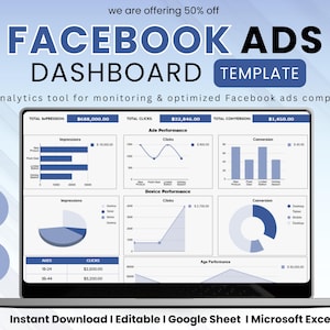 Op de afbeelding: Een laptopscherm toont een Facebook Ads Dashboard Template met grafieken en diagrammen. Het scherm toont datavisualisaties voor impressies, klikken en conversies. De tekst bevat "Facebook Ads Dashboard Template" en "Instant Download | Editable".
