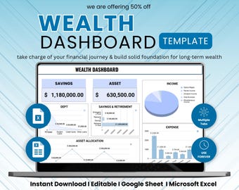 Net Worth Tracker Excel | Investment Portfolio | Wealth Dashboard | Asset Log | Savings Growth Chart | Personal Finance | Debt Payoff