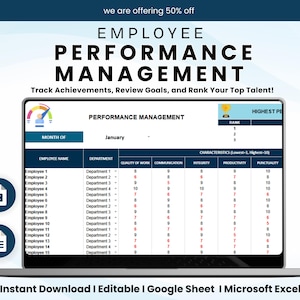Puede incluir: Una pantalla de portátil muestra una plantilla de gestión del rendimiento de los empleados. La hoja de cálculo muestra los nombres de los empleados, los departamentos y las puntuaciones de varias características. El texto en la parte superior dice "Employee Performance Management". La imagen también incluye el texto "Instant Download | Editable | Google Sheet | Microsoft Excel".