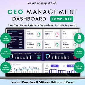 以下が含まれることがあります： CEO管理ダッシュボードテンプレートを表示するラップトップ画面。画面には財務データ、チャート、グラフが表示されます。「コーディング不要」のテキストが含まれています。Microsoft Excelのテンプレートです。