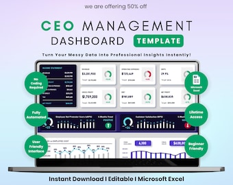 Può includere: Uno schermo di un laptop che mostra un modello di dashboard di gestione per CEO. Lo schermo mostra dati finanziari, grafici e diagrammi. Il testo include "Nessuna codifica richiesta". Modello per Microsoft Excel.