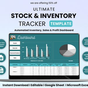 Op de afbeelding: Een laptopscherm toont een voorraadtrakersjabloon met een turquoise en wit kleurenschema. Het dashboard toont grafieken en datatabellen. Tekst bevat "ULTIMATE STOCK & INVENTORY TRACKER TEMPLATE" en "Automated Inventory, Sales & Profit Dashboard".
