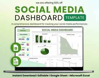 Social Media Dashboard Template | Planner, Tracker & Analytics for Excel and Google Sheets | Instant Download