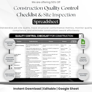 May include: A digital Construction Quality Control Checklist and Site Inspection spreadsheet displayed on a laptop screen. The document includes columns for process, verification items, and conformance metrics, with labels for site audit and tracking.