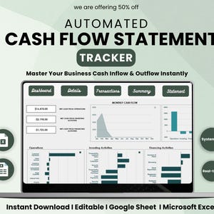 Può includere: Uno schermo di laptop mostra un tracker del rendiconto dei flussi di cassa con grafici e dati. Il testo recita "AUTOMATED CASH FLOW STATEMENT TRACKER" e "Master Your Business Cash Inflow & Outflow Instantly". Lo schermo mostra le schede "Dashboard", "Details", "Transactions", "Summary" e "Statement".