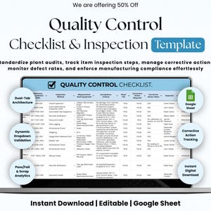 Peut inclure: Un modèle numérique de liste de contrôle et d'inspection de contrôle qualité affiché sur un écran d'ordinateur portable. La feuille de calcul comprend des colonnes pour les méthodes d'inspection, les outils de mesure et les critères.