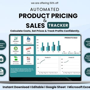 May include: A laptop screen shows a product pricing and sales tracker with charts and data. The text reads "AUTOMATED PRODUCT PRICING & SALES TRACKER." Additional text includes "Calculate Costs, Set Prices & Track Profits Confidently."