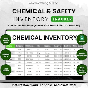 Chemical Inventory Tracker Excel, Lab Safety Management Spreadsheet, CAS Number Log, MSDS Tracker, Chemical Stock Expiry Log