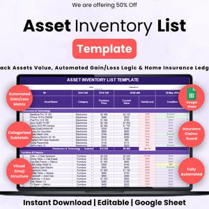 May include: A laptop screen displays an asset inventory list template. The template includes sections for asset name, category, purchase price, current value, and gain/loss. Features include automated gain/loss matrix and Google Sheet integration.