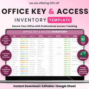 Puede incluir: Una pantalla de portátil muestra una "Plantilla de inventario de llaves y acceso a la oficina". La plantilla incluye secciones para el seguimiento de llaves físicas, tarjetas y acceso digital. La imagen también destaca la supervisión automatizada del estado y las fechas de asignación y devolución de registros.