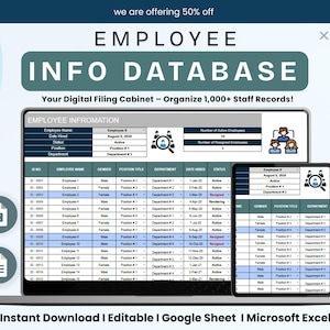 May include: A digital employee info database displayed on a laptop and tablet. The screen shows employee information, including name, gender, position, and department. The text reads "Employee Info Database" and "Organize 1,000+ Staff Records!"