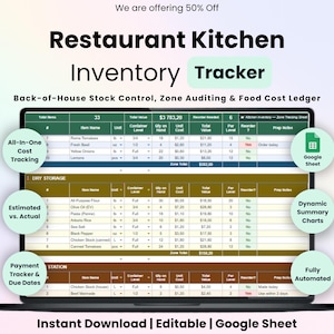Puede incluir: Un rastreador digital de inventario de cocina de restaurante en la pantalla de una computadora portátil. La hoja de cálculo incluye columnas para nombres de artículos, unidades, niveles de contenedor, cantidades, costos y notas.