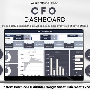 May include: A laptop screen displays a CFO dashboard with financial data, including revenue, expenses, and net profit. The screen shows charts and graphs, with the text "CFO DASHBOARD" at the top. The image also includes icons for multiple tabs and the ability to use the dashboard forever.