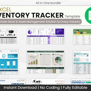 May include: A digital graphic showcasing an Excel inventory tracker template. The design features various spreadsheet examples with charts and data tables. Text includes "17 Excel Inventory Tracker Template" and "Instant Download | No Coding | Fully Editable."