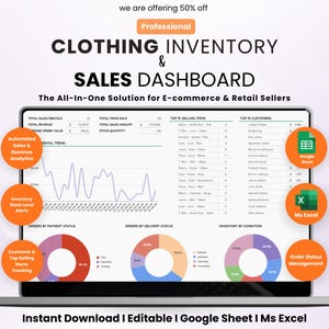 Hoja de cálculo de Google para el seguimiento del inventario de ropa, panel de control de ventas en hoja de cálculo, gestión de inventario de boutiques, seguimiento de pedidos, registro de revendedores en Excel.
