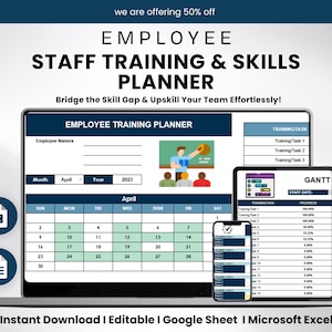 May include: A digital employee staff training and skills planner displayed on a laptop, tablet, and smartphone. The planner includes a calendar, training tasks, and a Gantt chart. The image also includes the text "Employee Training Planner" and "Instant Download".