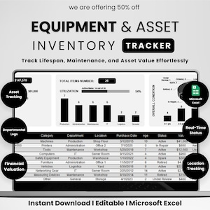 May include: A digital equipment and asset inventory tracker displayed on a laptop screen. The interface includes data visualization, asset tracking, departmental logs, financial valuation, real-time status, and location tracking. Text on the screen reads "EQUIPMENT & ASSET INVENTORY TRACKER".