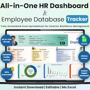 May include: An All-in-One HR Dashboard and Employee Database Tracker displayed on a laptop screen. This automated Excel spreadsheet features sections for employee details, job information, salary data, a pie chart, and a bar graph for workforce management.