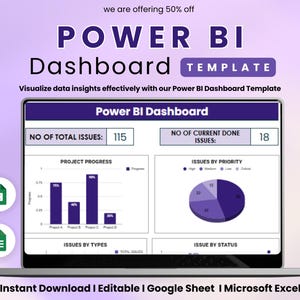 以下が含まれることがあります： ラップトップの画面には、データ視覚化を備えたPower BIダッシュボードテンプレートが表示されています。画面には、棒グラフや円グラフなどのグラフが表示されます。画面のテキストには「NO OF TOTAL ISSUES: 115」と「NO OF CURRENT DONE ISSUES: 18」が含まれています。画像には「Instant Download | Editable | Google Sheet | Microsoft Excel」というテキストも含まれています。