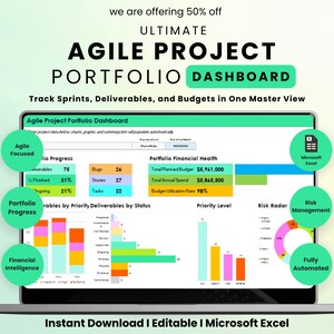 May include: A laptop screen displays an Agile Project Portfolio Dashboard. The dashboard includes charts, graphs, and data visualizations for tracking sprints, deliverables, and budgets. Text on the screen reads "Agile Project Portfolio Dashboard" and "Instant Download | Editable | Microsoft Excel."