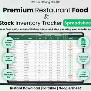 Puede incluir: Una hoja de cálculo digital de seguimiento de inventario mostrada en una pantalla de portátil. La interfaz incluye columnas para nombre del artículo, categoría, unidad, cantidad en stock, coste y estado. Seis iconos circulares destacan funciones.