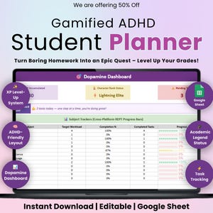 Gamified ADHD Student Planner Google Sheets, ADHD Digital Planner Academic, Gamified Task Tracker Student Dashboard, Back to School Planner