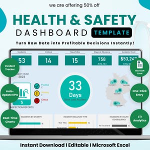 Könnte beinhalten: Ein Laptop-Bildschirm zeigt eine Health & Safety Dashboard-Vorlage mit Datenvisualisierungen. Das Dashboard enthält wichtige Leistungskennzahlen, Vorfallverfolgung und Echtzeitdiagramme. Das Design ist modern mit einem teal- und weißen Farbschema.