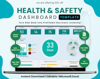 Health and Safety Dashboard Excel, HSE Incident Tracker Template, Occupational Health & Safety KPI Spreadsheet, Safety Manager Report