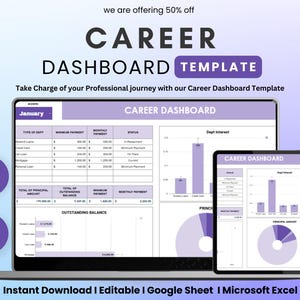 May include: A digital career dashboard template displayed on a laptop and tablet. The dashboard shows financial data, charts, and graphs. The text includes "CAREER DASHBOARD TEMPLATE" and "Instant Download | Editable | Google Sheet | Microsoft Excel."