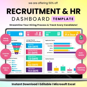 May include: A laptop screen displays a recruitment and HR dashboard template. The dashboard includes data visualizations for hiring funnel, cost per hire, and applicant tracking. The template is designed to streamline the hiring process and track candidates.