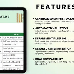 May include: A digital tablet displays an inventory list with columns for department and notes. The text "FEATURES" is at the top, with bullet points describing the software's capabilities, including supplier database, automated valuation, and department filtering.