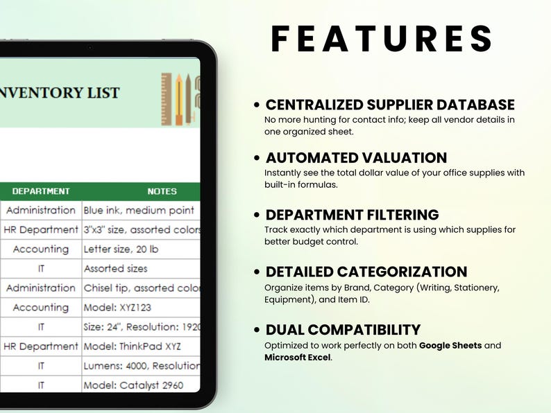 May include: A digital tablet displays an inventory list with columns for department and notes. The text "FEATURES" is at the top, with bullet points describing the software's capabilities, including supplier database, automated valuation, and department filtering.