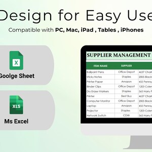 May include: A computer monitor displays a spreadsheet labeled "SUPPLIER MANAGEMENT." The image includes icons for "Goolge Sheet" and "Ms Excel," with text indicating compatibility with various devices, including PC, Mac, iPad, Tables, and iPhones.