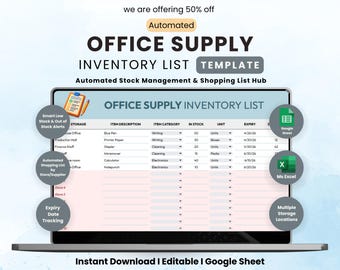 Office Supply Inventory Sheets | Auto Shopping List | Stock Alert | Office Management | Stationery | Admin Tool | Instant Download
