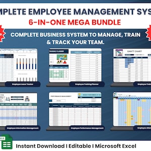 Excel medewerkersbeheersysteem, HR-dashboardbundel, aanwezigheidstracker, verloftracker, prestatiebeoordeling, spreadsheet werknemersdatabase