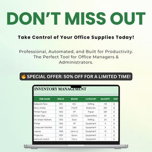 May include: A laptop screen displays an inventory management chart with item names, IDs, brands, categories, quantities, and units. The image includes the text "DON'T MISS OUT" and "SPECIAL OFFER: 50% OFF FOR A LIMITED TIME!"