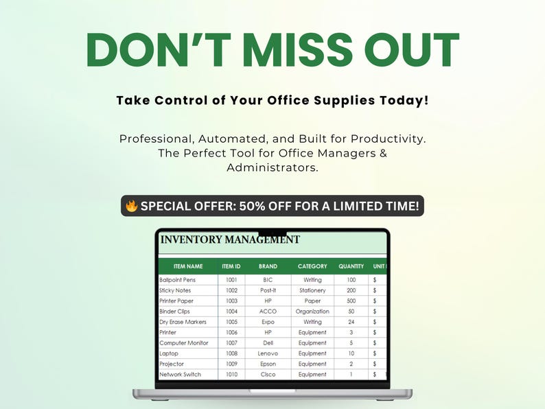 May include: A laptop screen displays an inventory management chart with item names, IDs, brands, categories, quantities, and units. The image includes the text "DON'T MISS OUT" and "SPECIAL OFFER: 50% OFF FOR A LIMITED TIME!"