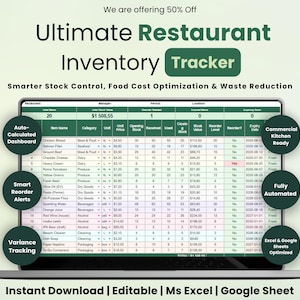 May include: A digital restaurant inventory tracker displayed on a laptop screen, featuring a spreadsheet with columns for item names, categories, units, prices, and stock levels. The interface includes an auto-calculated dashboard and reorder alerts.