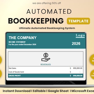 May include: A laptop displays an automated bookkeeping template. The screen shows an income statement for 2026 with revenue details. Text includes "Automated Bookkeeping Template" and "Instant Download | Editable | Google Sheet | Microsoft Excel."