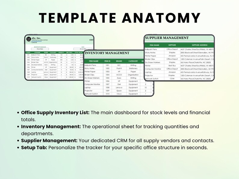 May include: A digital template titled "TEMPLATE ANATOMY" with three sections: "Office Supply Inventory List," "Inventory Management," and "Supplier Management." Each section displays data in a spreadsheet format, with a light green and white color scheme. The text below describes each section.