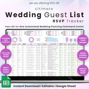 May include: A laptop screen displays a wedding guest list and RSVP tracker. The screen shows a spreadsheet with various categories. The text includes "Ultimate Wedding Guest List RSVP Tracker" and "Instant Download | Editable | Google Sheet."