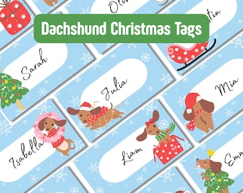 Dachshund Christmas Gift Tags | 12 Cute Dog Holiday Name Labels | Printable Xmas Tags for Kids, Pets & Family | Instant Download Winter Tags