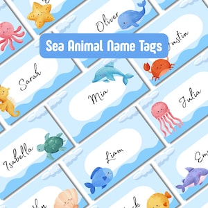 Meerestier Namen Tags: 12 Ocean Designs - druckbare, ausfüllbare PDFs