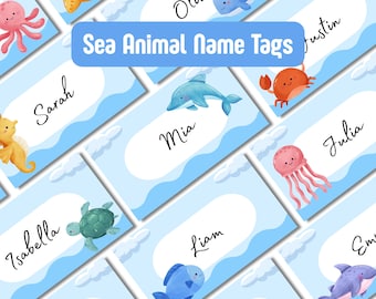 Meerestier Namen Tags: 12 Ocean Designs - druckbare, ausfüllbare PDFs