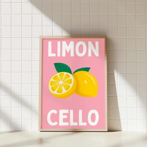 Lámina artística de Limoncello / Decoración de pared para cocina de verano italiana / Imprimible de cítricos rosas / Póster de fruta de verano con un toque de color / Impresión digital descargable