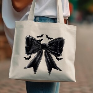 Spooky Bow & Bats Cotton Tote Bag: Halloween Goth Style