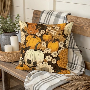 Pumpkin Floral Throw Pillow: Autumn Harvest Home Decor