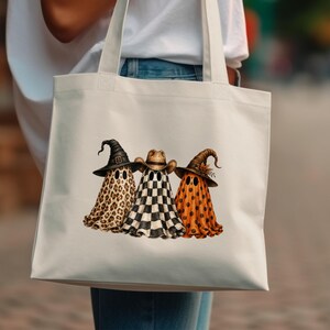 Bolso tote con estampado de tres fantasmas adorables y espeluznantes, estampado de leopardo, cuadros, lunares, estilo granja bruja de Halloween.