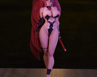 Könnte beinhalten: Eine Figur in einem schwarz-weißen Kaninchenkostüm mit einer roten Schleife und einem Schwert. Die Figur hat langes rosa Haar und trägt schwarze High Heels. Die Figur steht auf einem roten und goldenen Sockel.